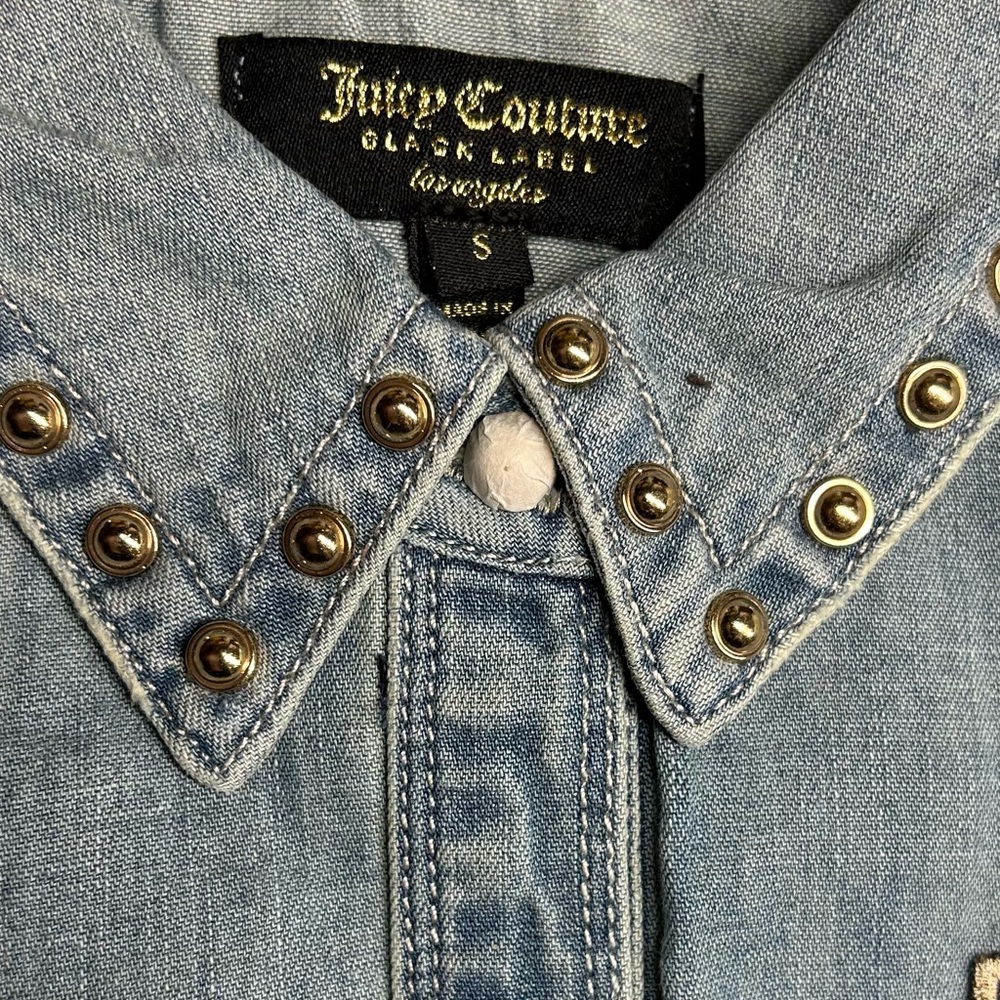 Juicy Couture Studded Collar Denim Jean Shirt Pockets Flap Long Sleeve Small - Picture 10 of 10